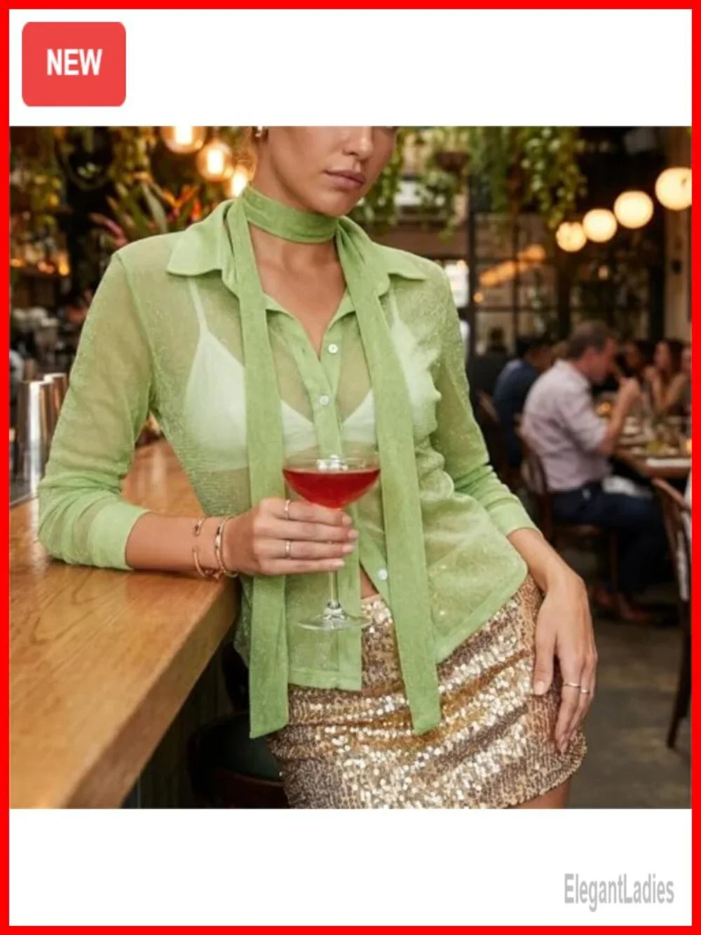 Sheer Mesh Glitter Button Down Shirt Y2K Long Sleeve Blouse with Scarf See
